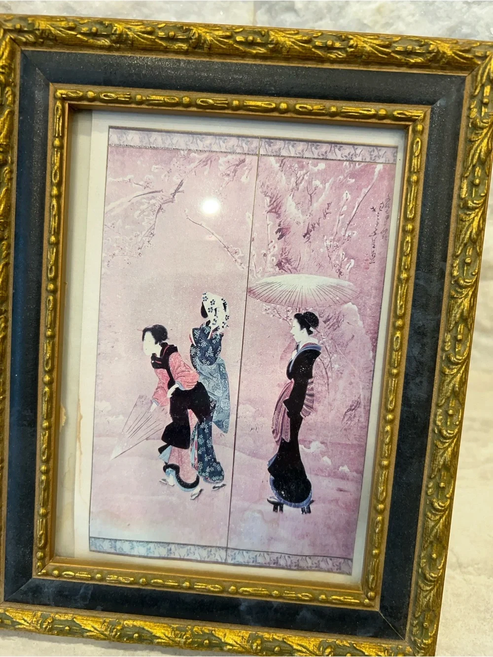 Ornate Gold and Black Picture Frame with Pink Art